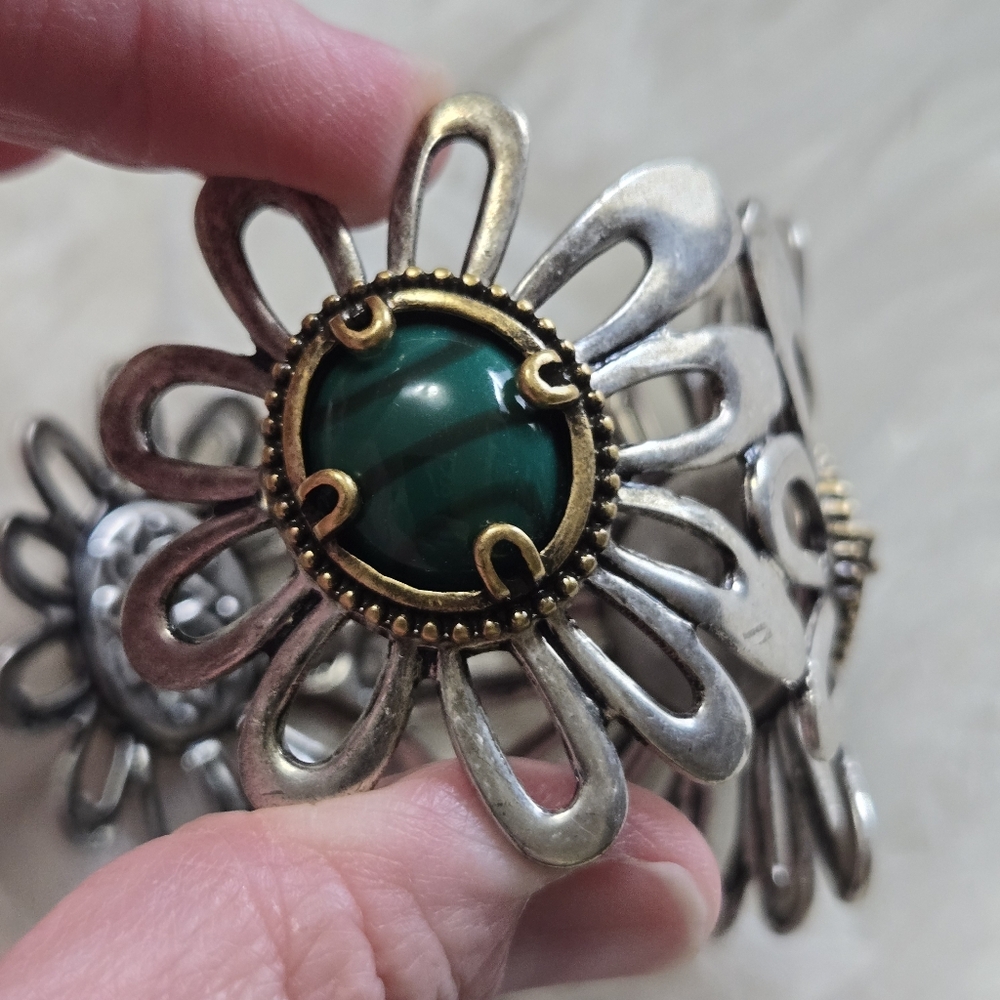 LUCKY BRAND Boho Southwest Faux Turquoise Malachite Flower Cuff Bracelet Western - Picture 11 of 15